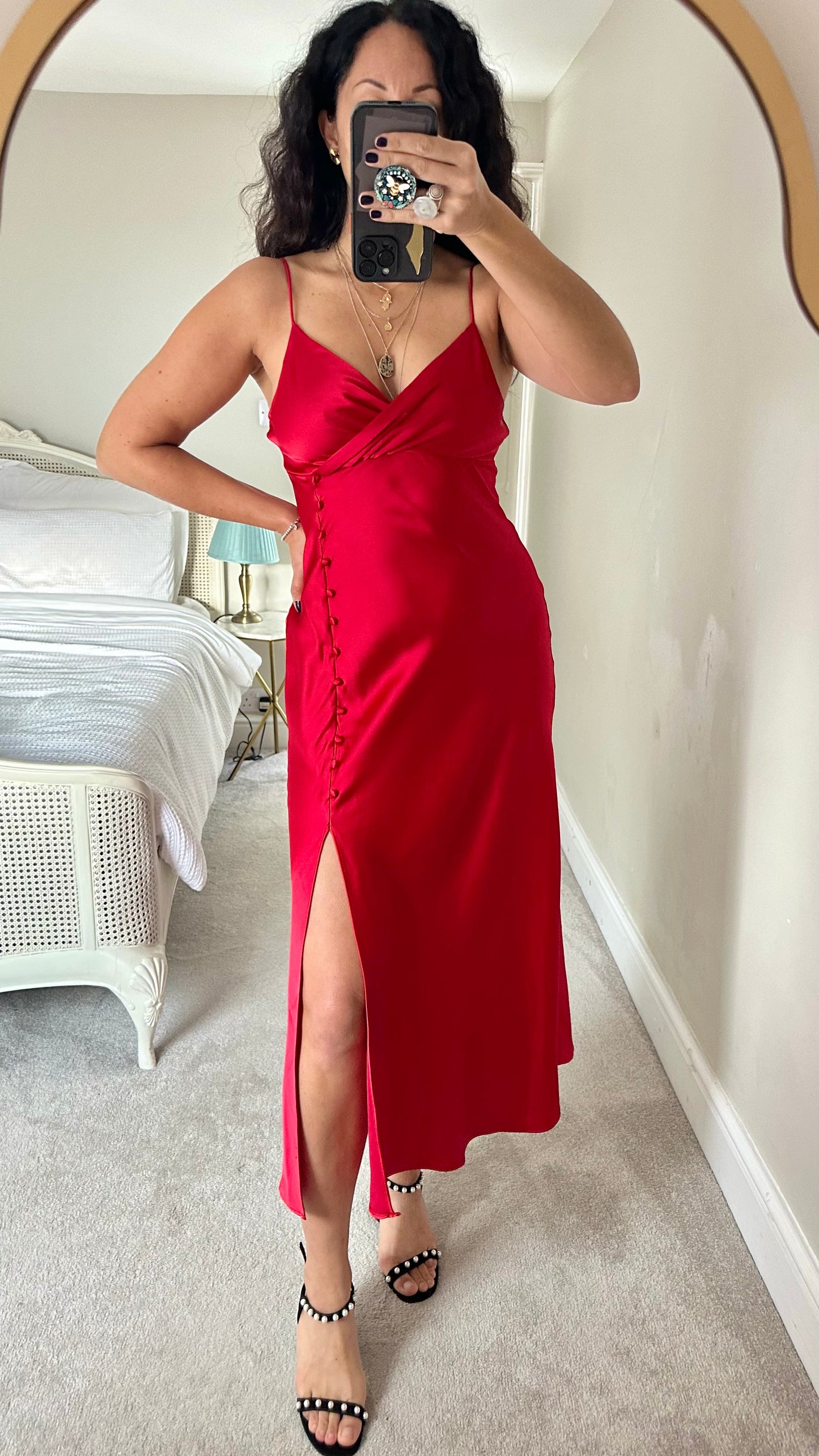 Zara deep red satin side split button up evening dress midi event medium UK 10 vgc