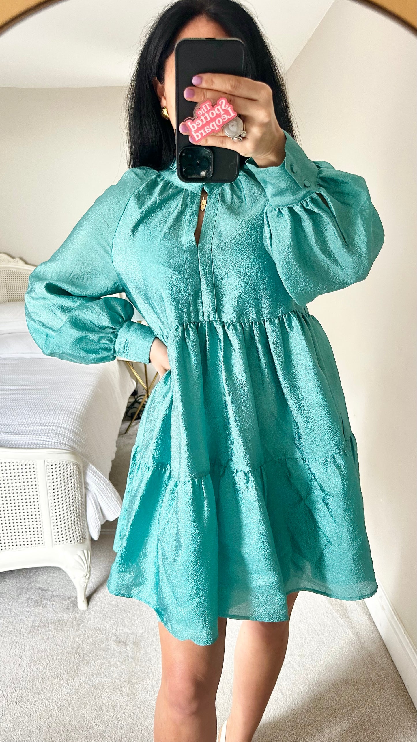 Stine Goya turquoise metallic shimmer tiered mini event dress medium UK 12 vgc