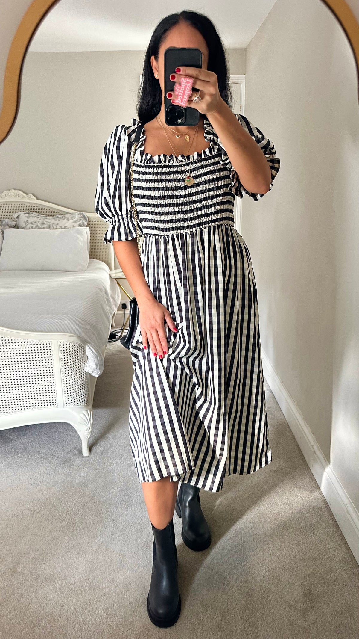 Warehouse black white gingham check midi shirred long dress medium UK 14 vgc