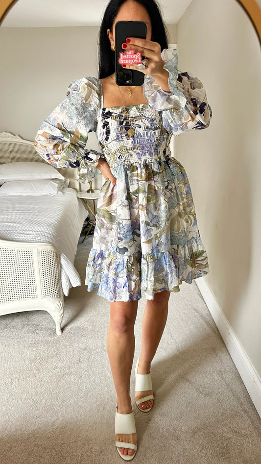 & other stories cream lilac blue shirt bust mini holiday wedding guest dress medium UK 12 vgc