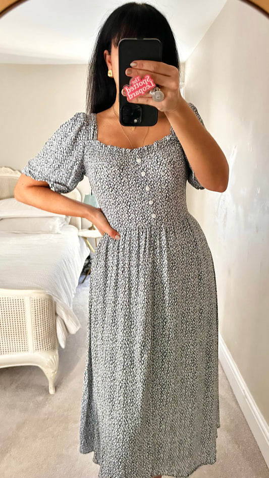 & other stories black blue floral midi long dress medium UK 12 vgc