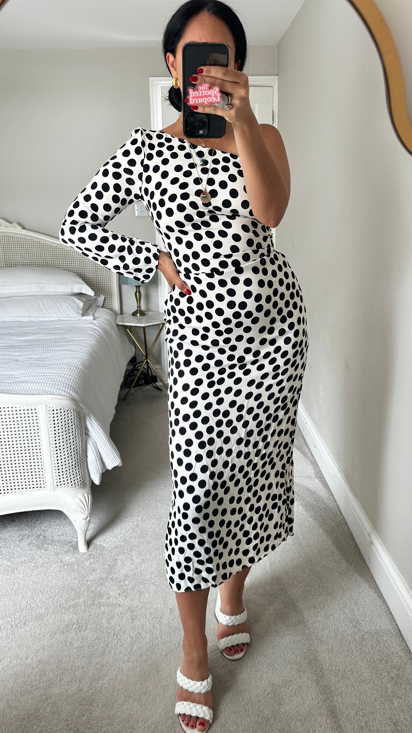 Mango white black polka dot one side midi dress long small UK 8-10 vgc