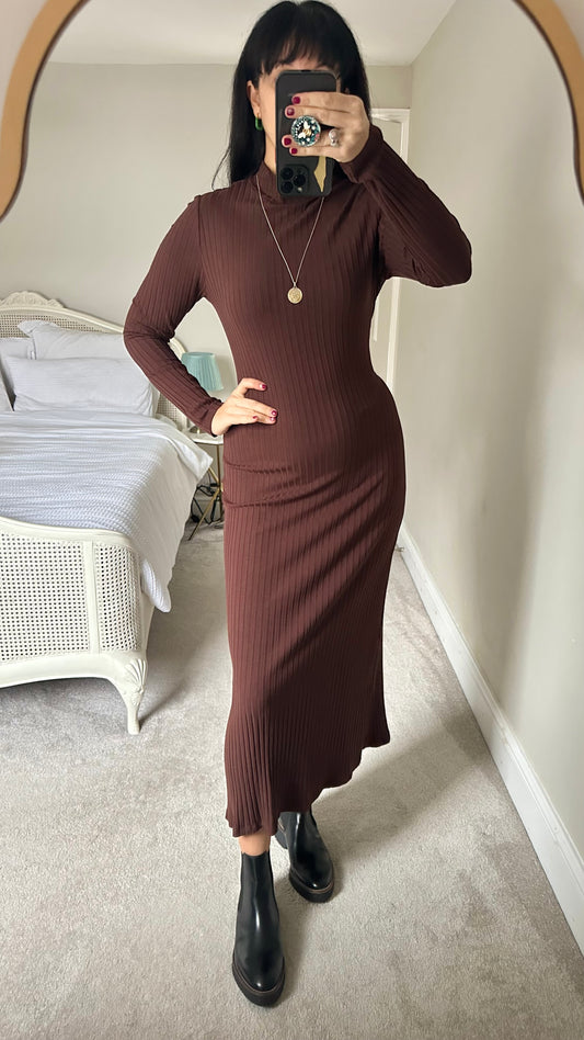 Nobody’s Child chocolate brown ribbed midi maxi jumper dress extra large UK 14 vgc