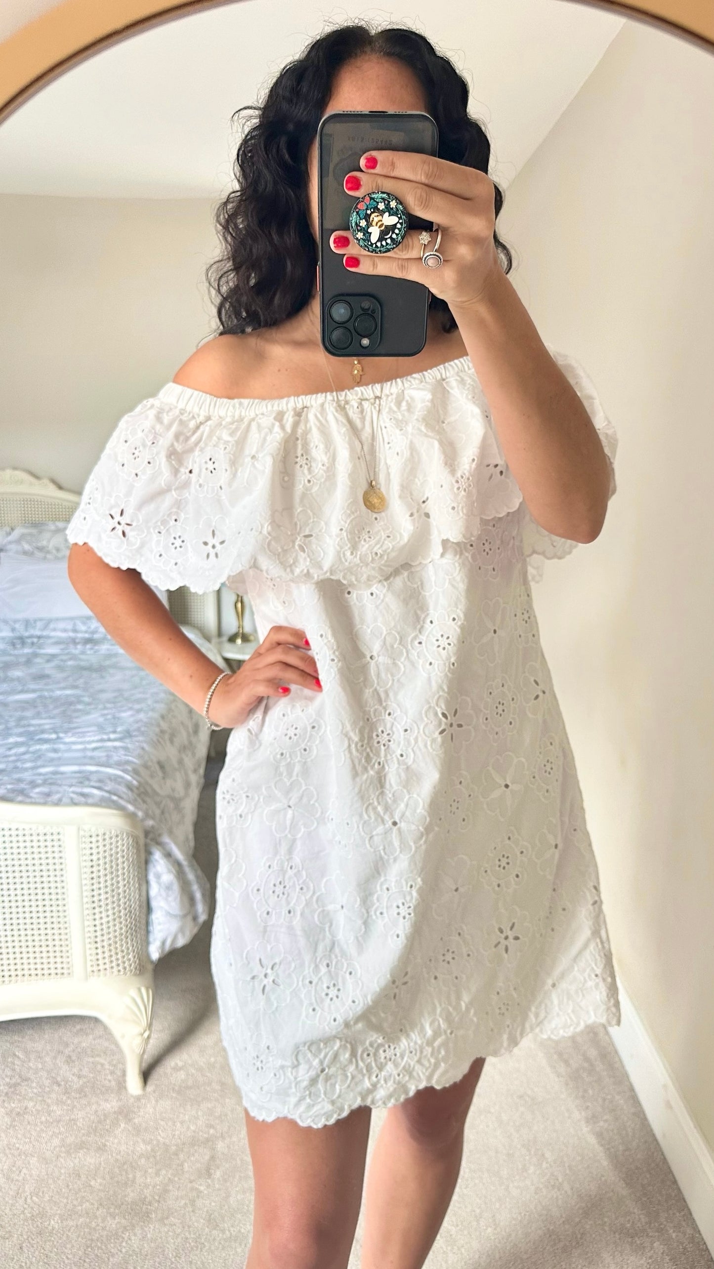 & Other stories white Broderie Anglaise off the shoulder mini dress large L UK 12 vgc