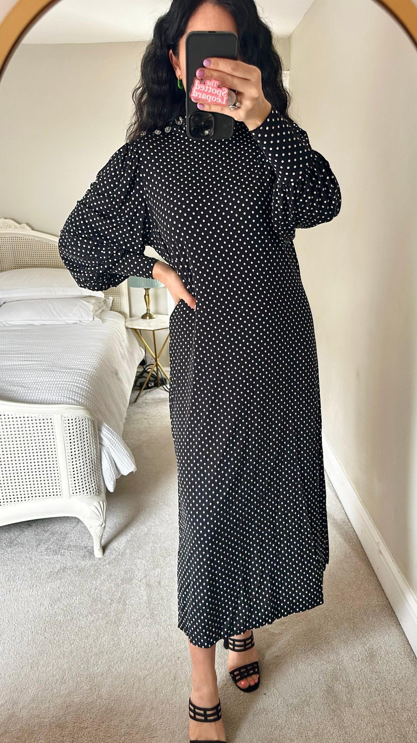 & other stories navy blue black white polka dot maxi dress UK 14-16 vgc