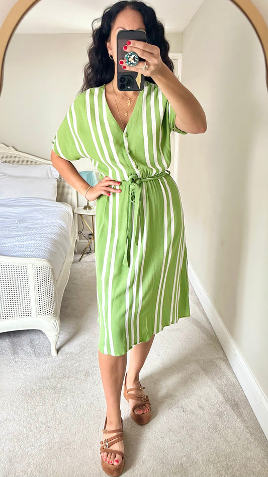 Selected Femme @ Anthropologie green white stripe midi button up dress small medium UK 10 vgc