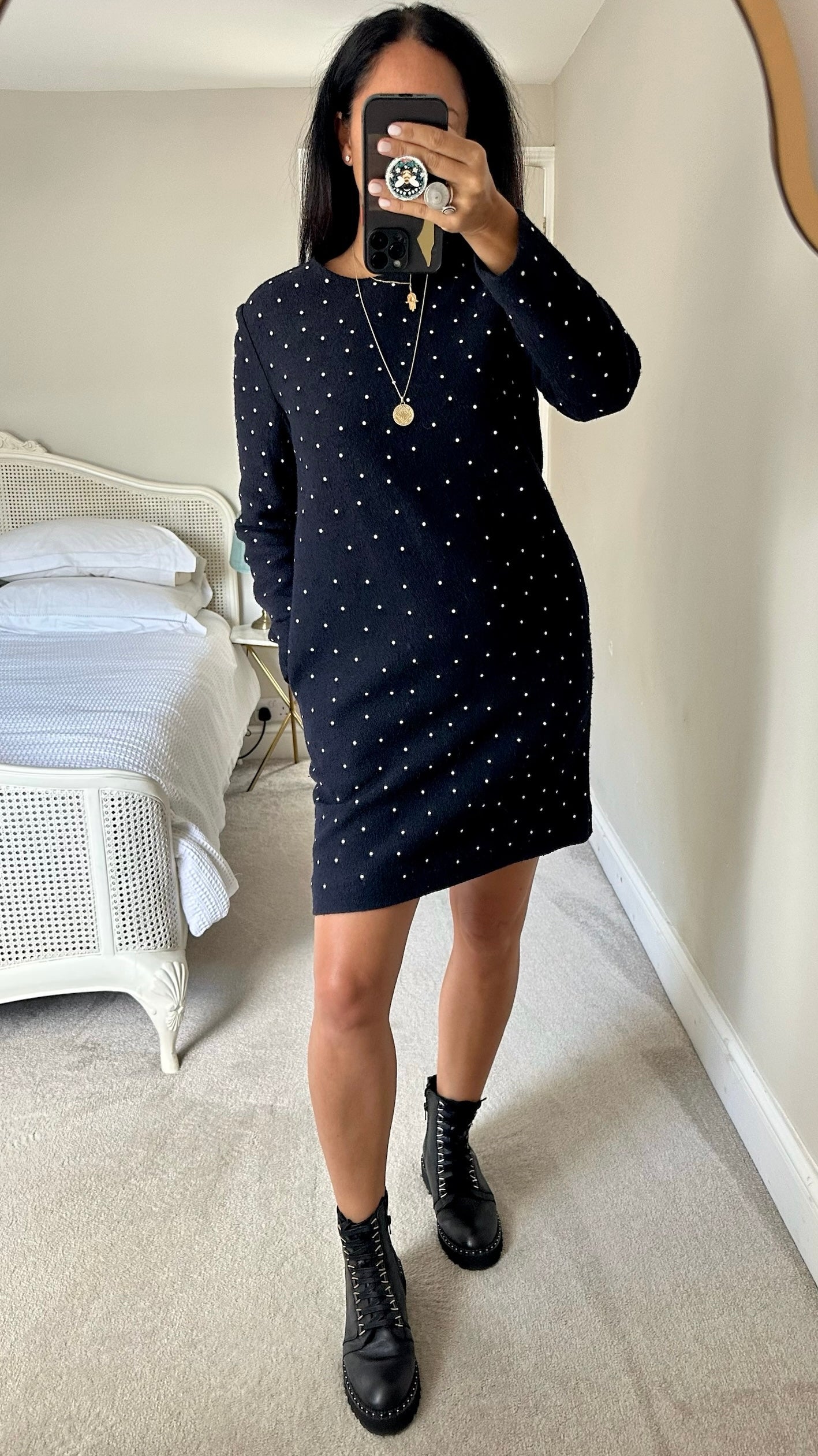 Cos navy blue white polka dot wool blend mini dress large L UK 12 excellent used condition