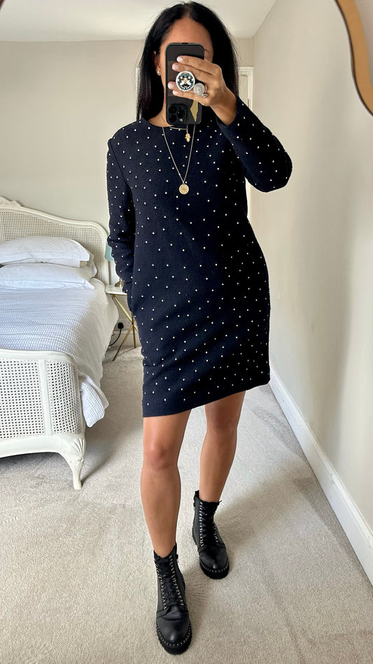 Cos navy blue white polka dot wool blend mini dress large L UK 12 excellent used condition