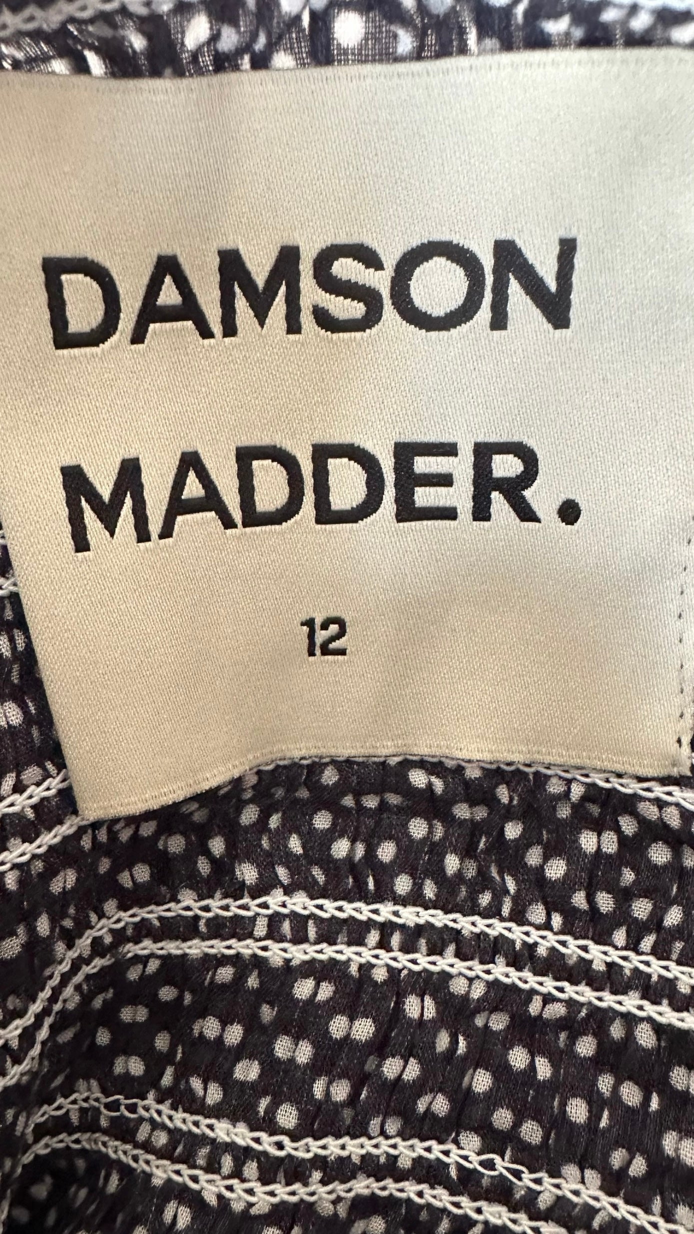 Damson Madder black white polka dot shirred bust vintage style maxi dress large L UK 12 vgc