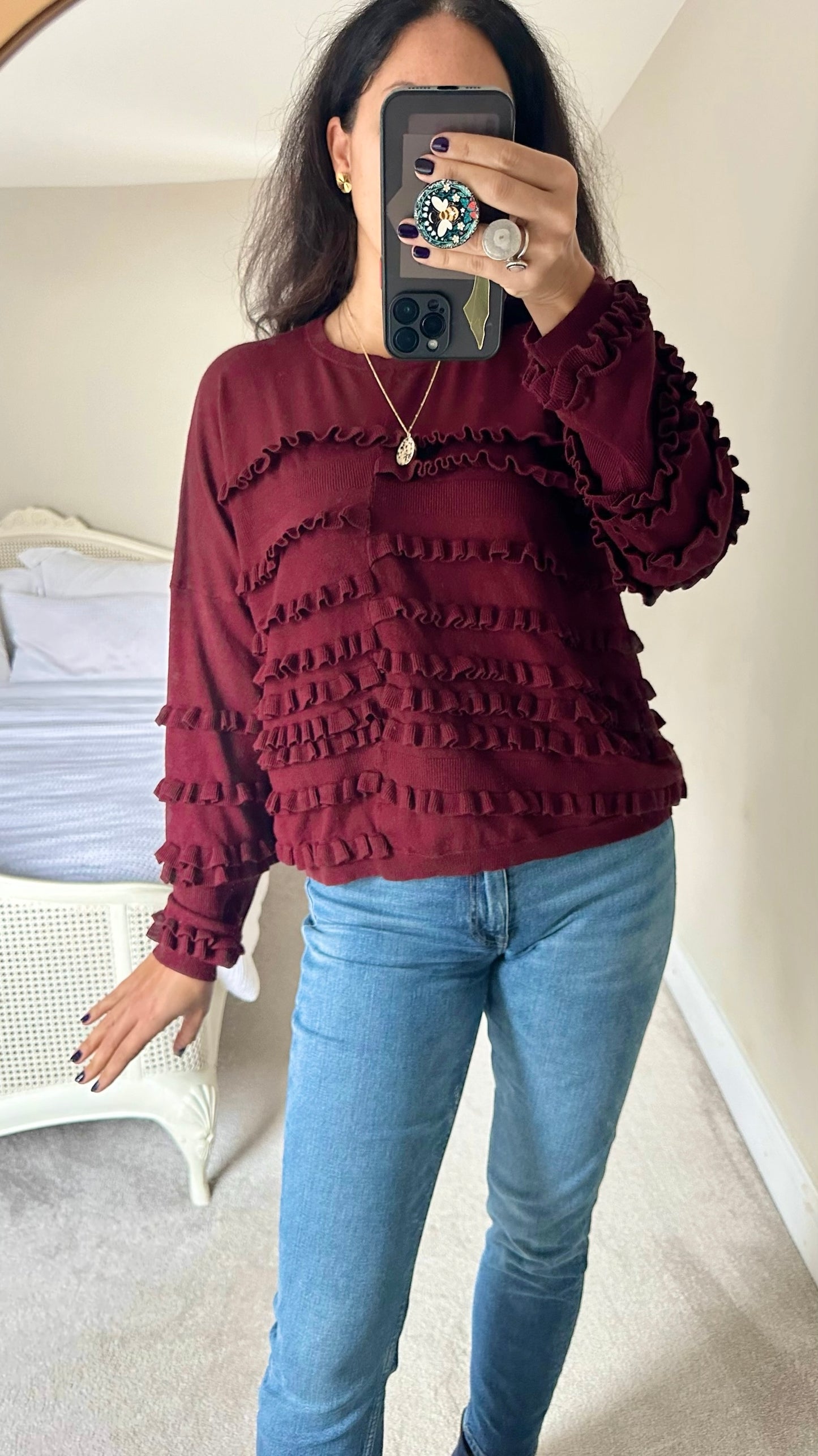 Topshop burgundy red frill detail jumper large L 12 14 vgc