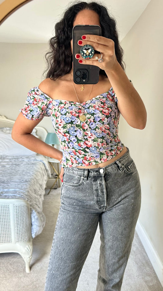 5-4-20 & other stories lilac coral floral off shoulder crop top small UK 8 vgc