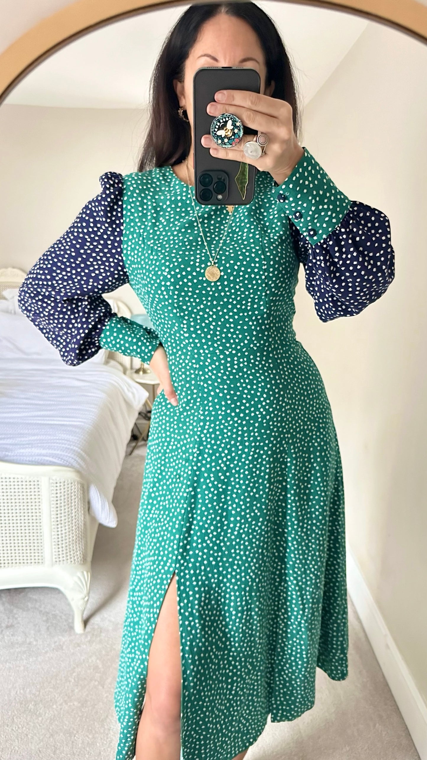 Kitri navy blue green polka dot double split midi dress small S UK 8 vgc