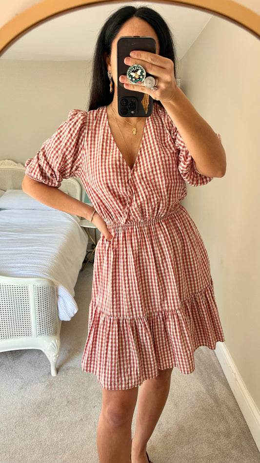 Mango red cream beige gingham check mini tiered dress small large UK 8 10 12 14 vgc