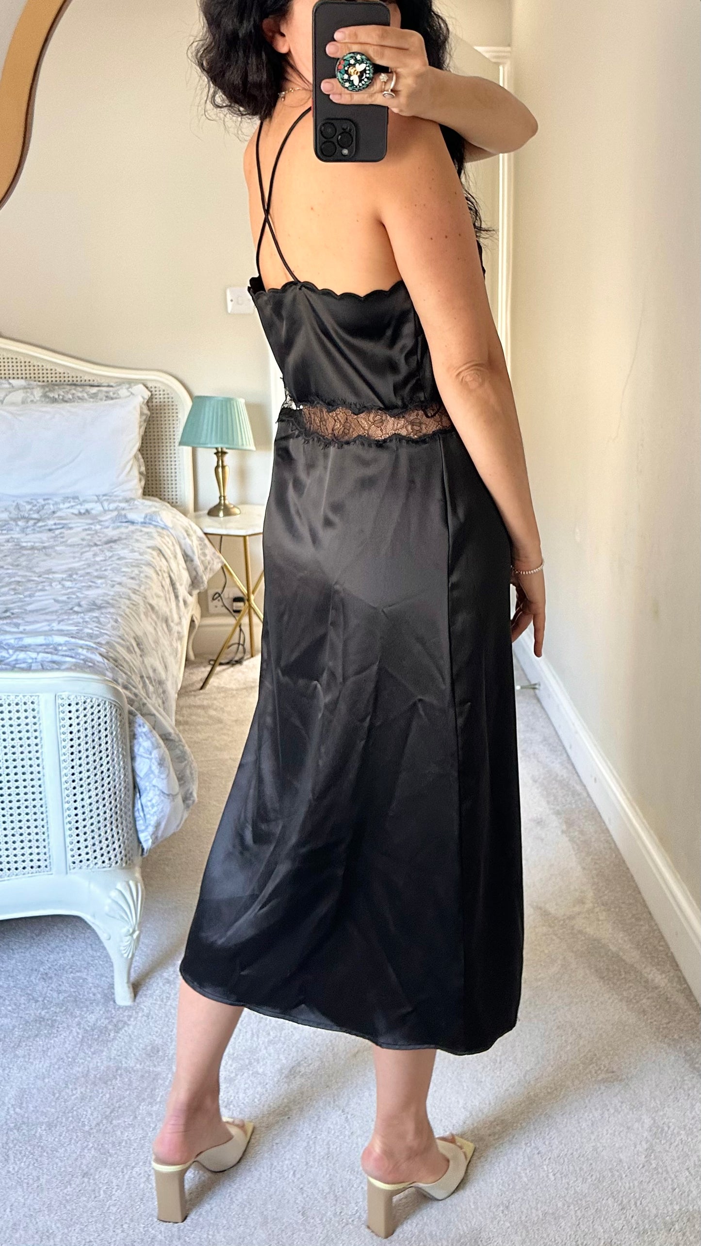 Zara black satin slip lace dress midi medium UK 10 new bnwt