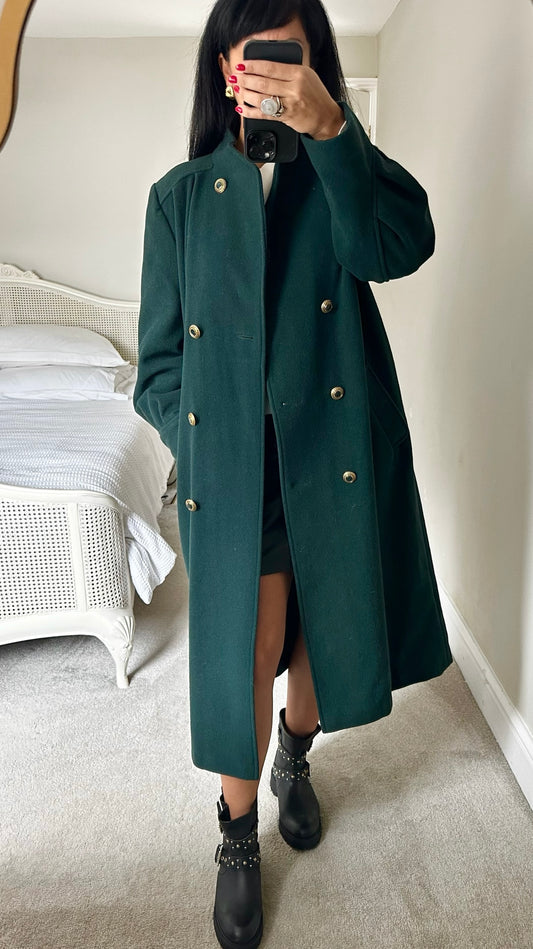 Nuage bottle green wool cashmere blend maxi coat large UK 12-14 vgc