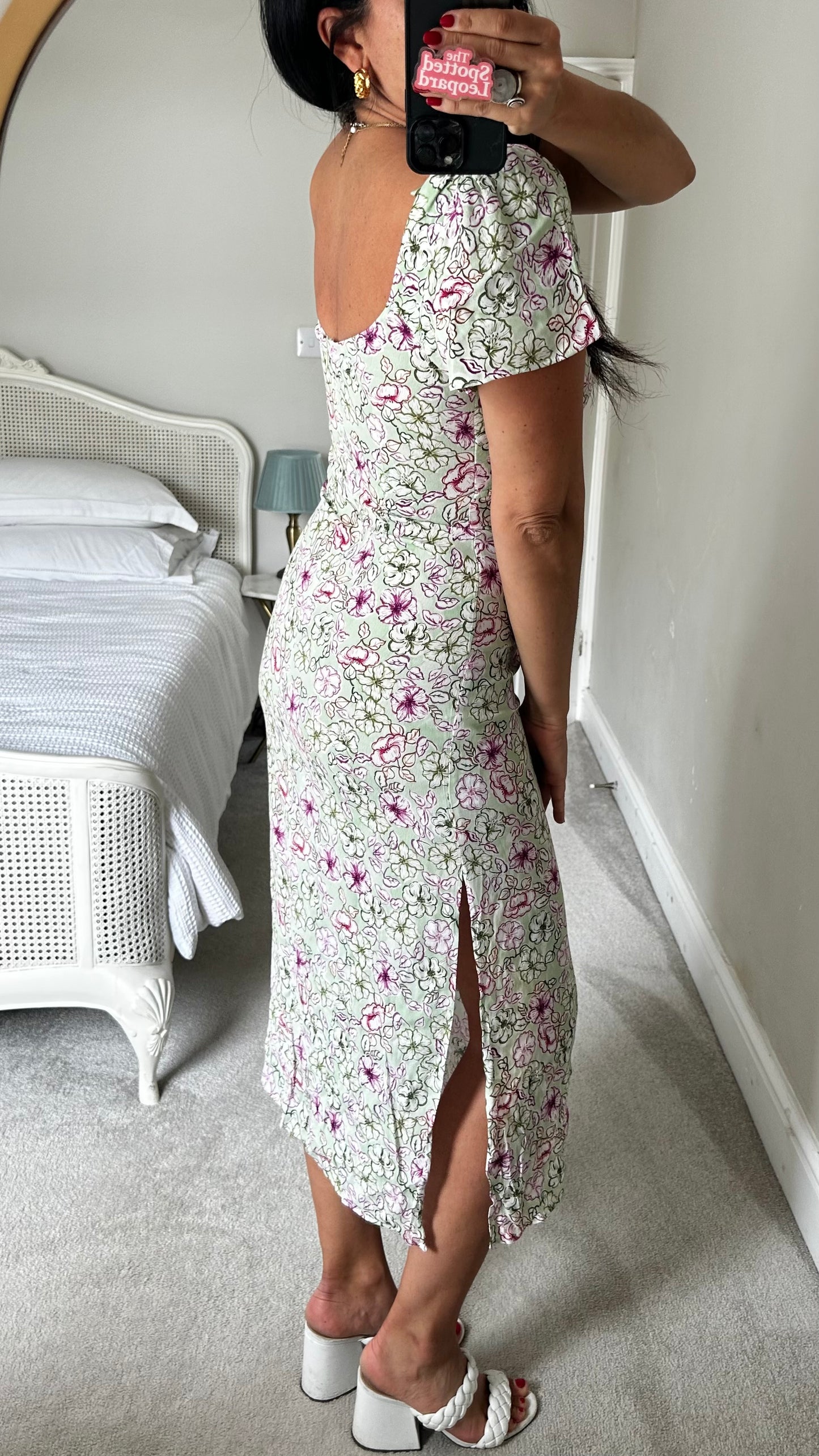 Zara green pink floral cut out midi dress small UK 8-10 vgc