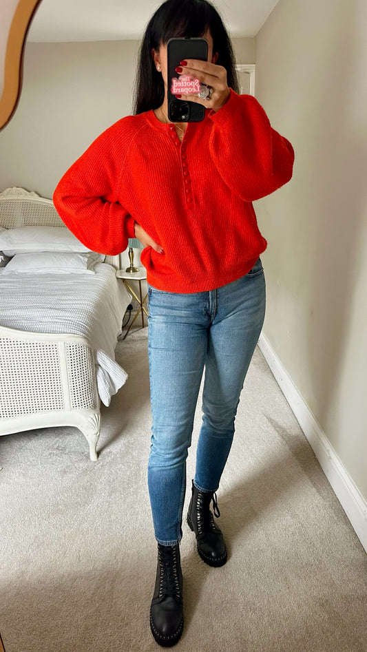 Oliver bonas bright red button up knitted jumper large UK 12-14 vgc