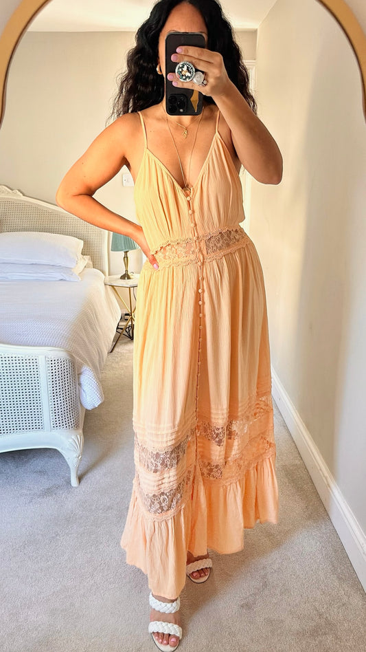 Y.A.S peach button up lace maxi dress holiday extra large XL UK 14 vgc
