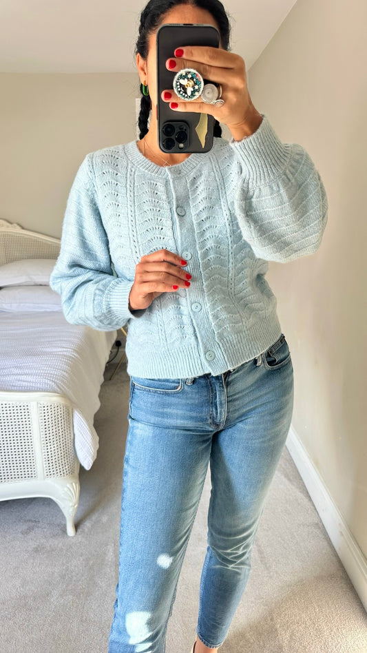 Oliver bonas light blue shell crochet knitted cardigan medium UK 10 vgc w25
