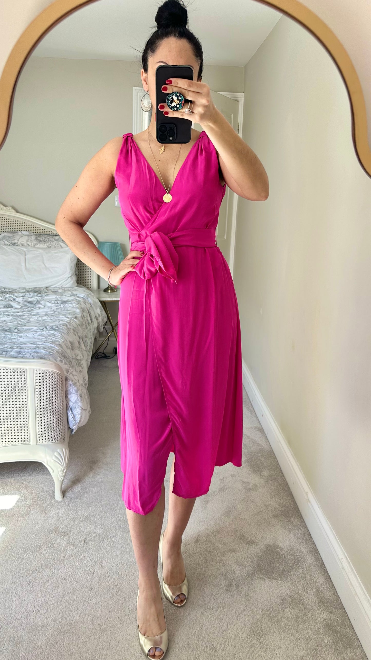 & other stories fuschia pink wrap wedding guest midi dress small xs UK 6