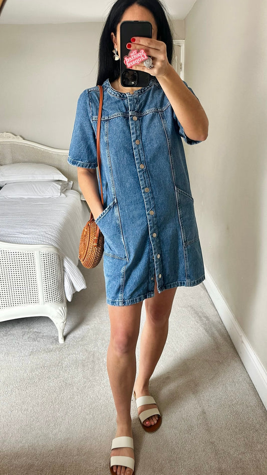 Oliver Bonas blue navy denim jeans buton up dress small UK 10 vgc