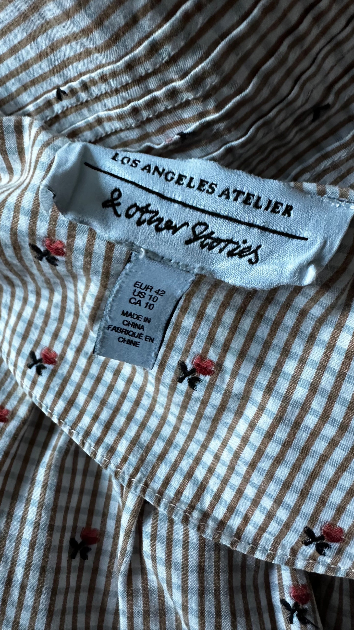 & other stories cream beige gingham check rose embroidered mini swing dress medium UK 14 vgc