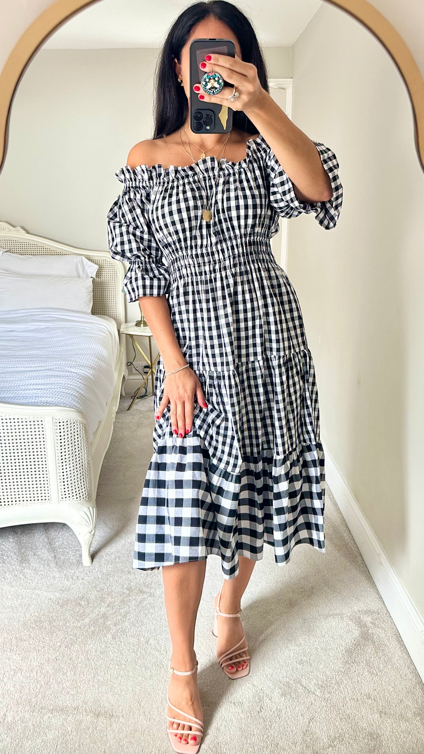 Kitri off shoulder gingham black white check midi long dress tiered medium UK 12 vgc