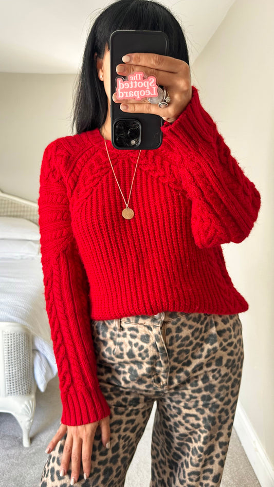 Mango bright red cable knitted jumper medium UK 10-12 vgc