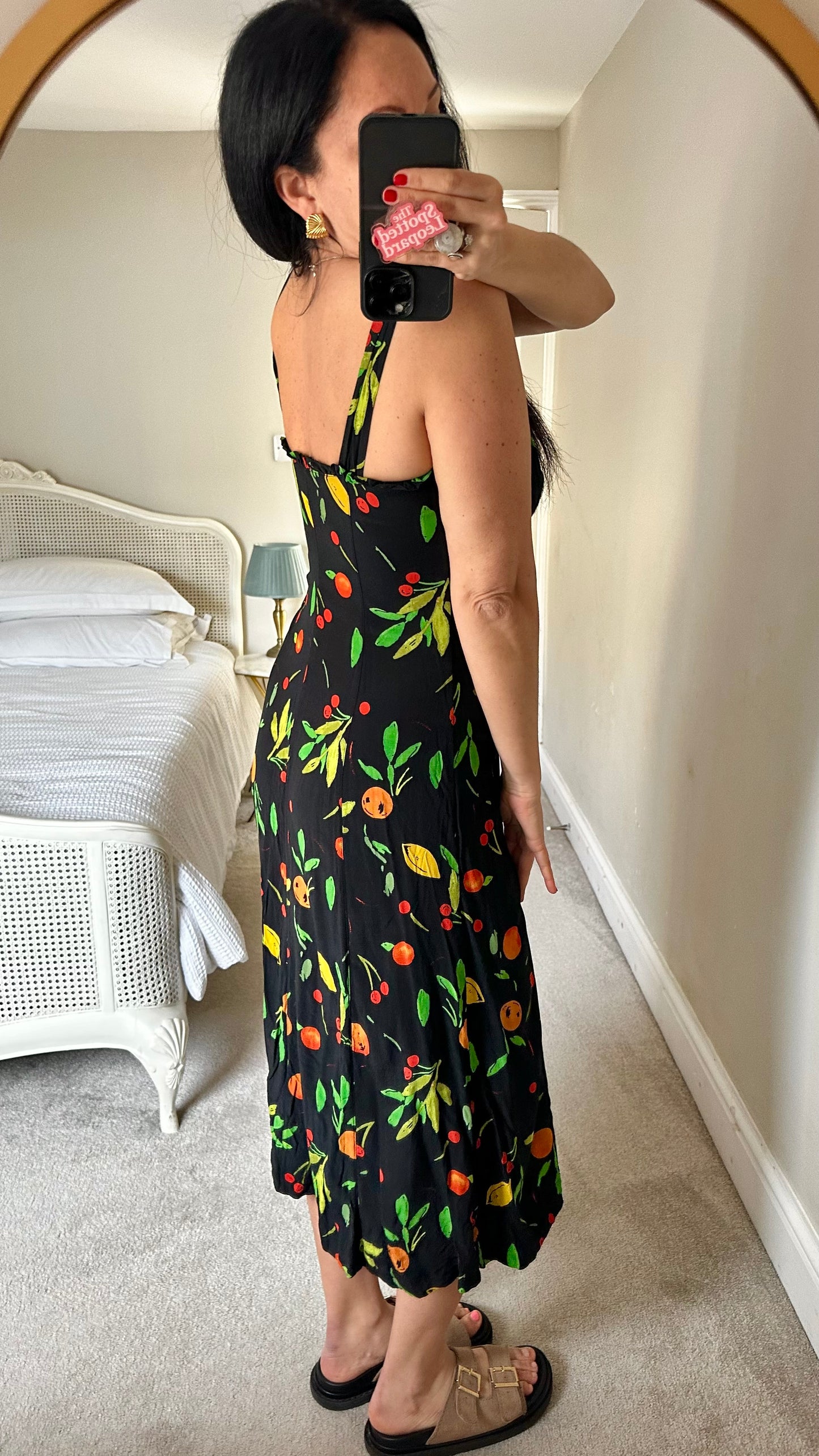 Whistles black orange 🍊 fruit print midi button up casual dress small UK 10 holiday