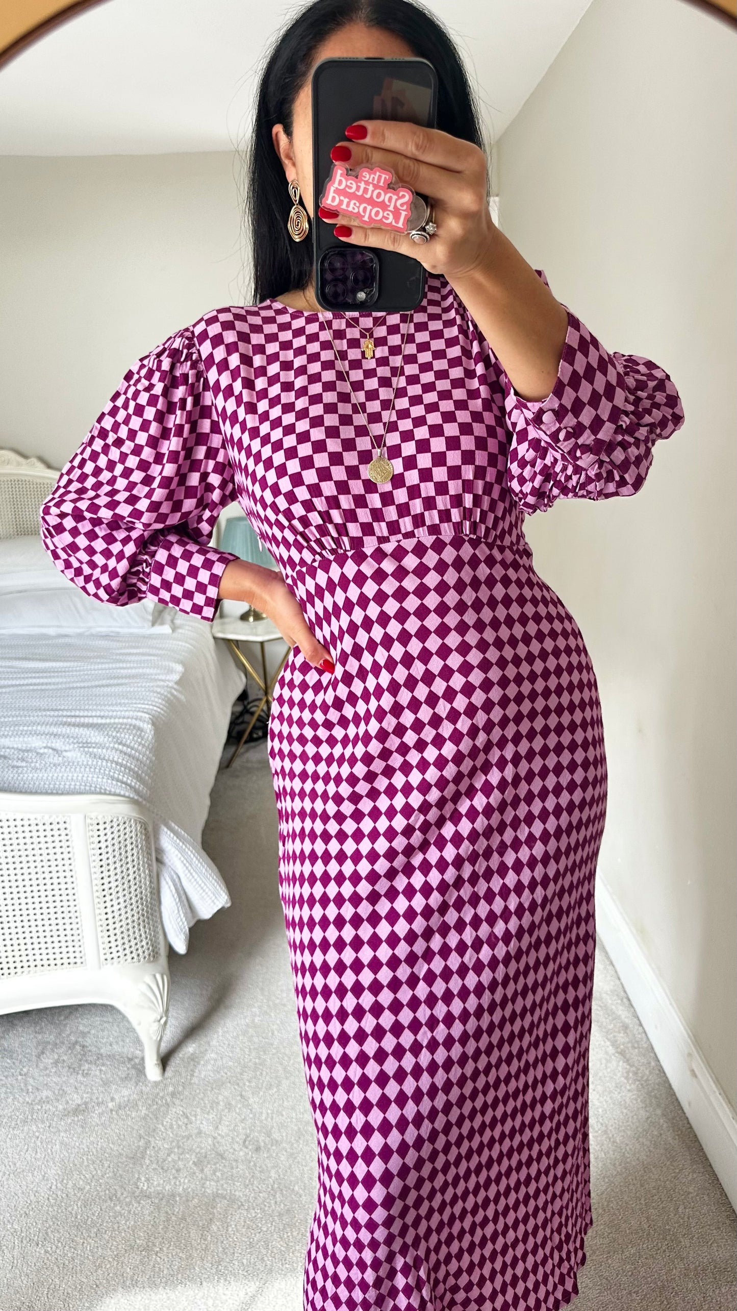 Ghost lilac purple check gingham chequered midi long dress event wedding small UK 8-10 vgc