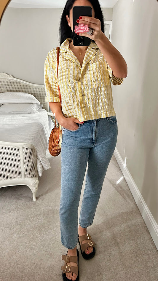 Oliver bonas yellow gold gingham check button up shirt oversized small S UK 10 Medium M UK 12 excellent used condition