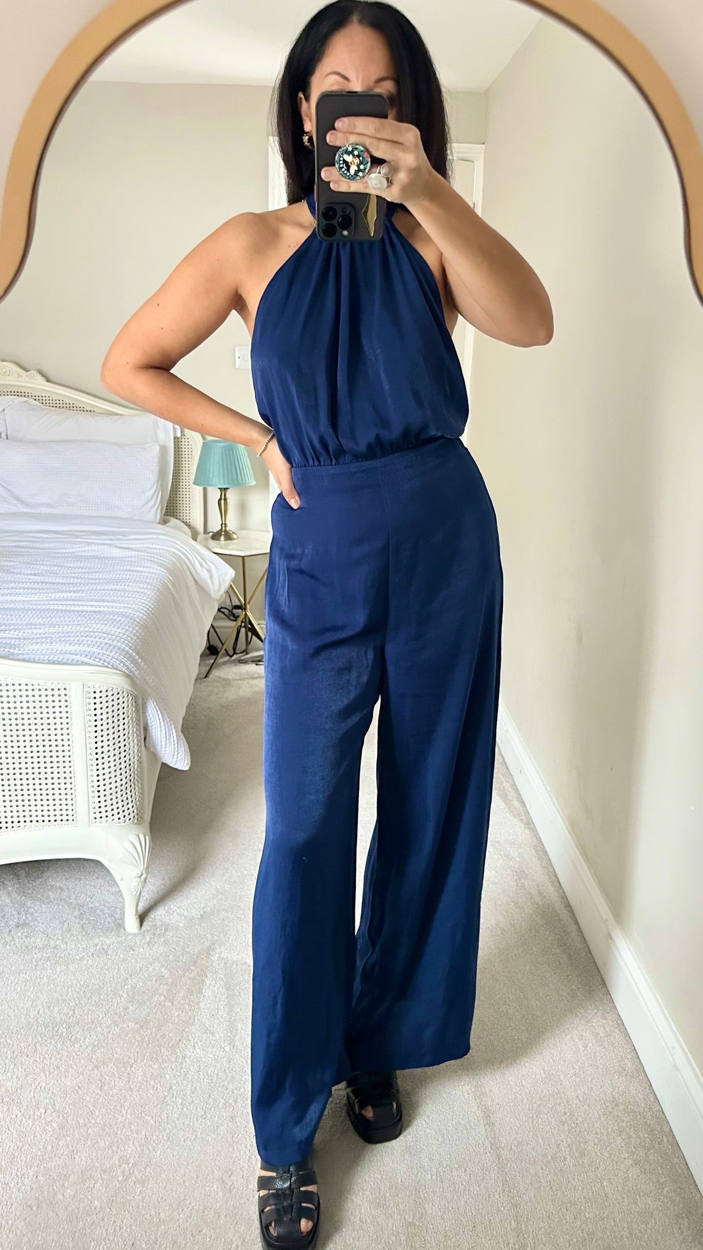 Zara navy blue backless wide leg satin feel jumpsuit party medium M UK 10 vgc