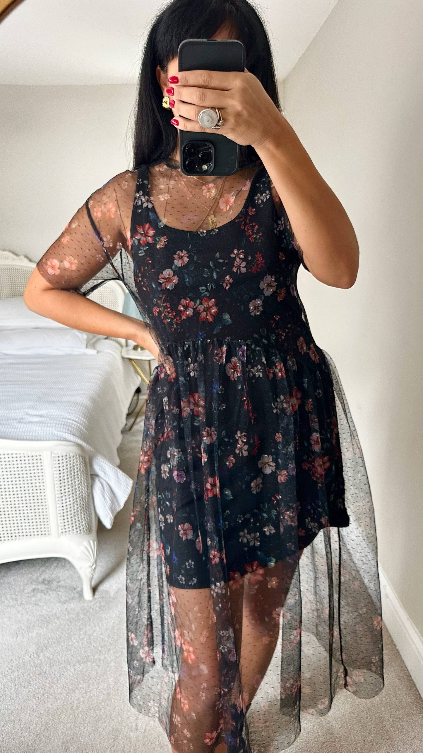 Mango black floral mesh overlay event dress large UK 12 vgc