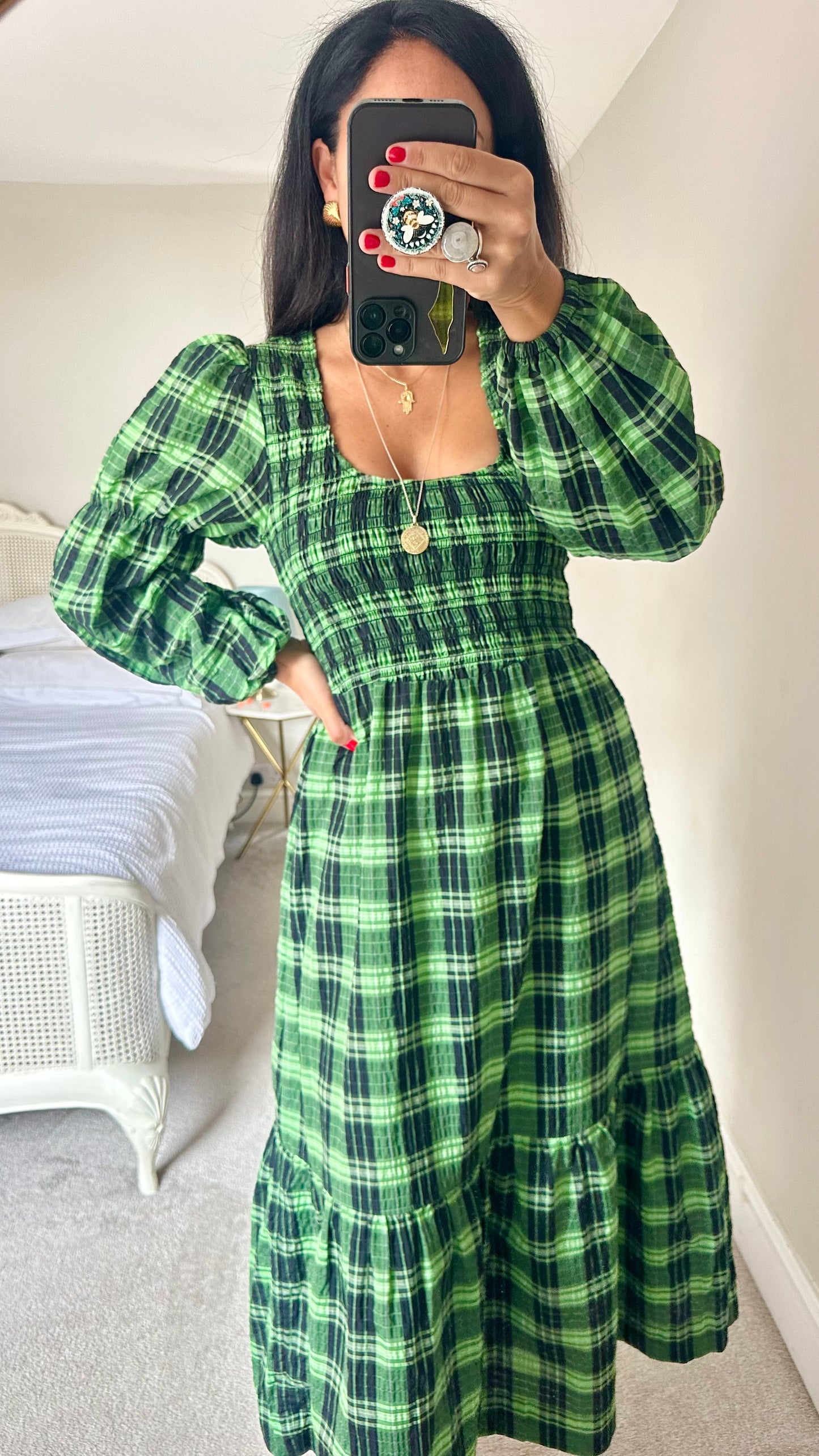 Ganni black lime green check gingham midi long dress medium UK 10 vgc event w25