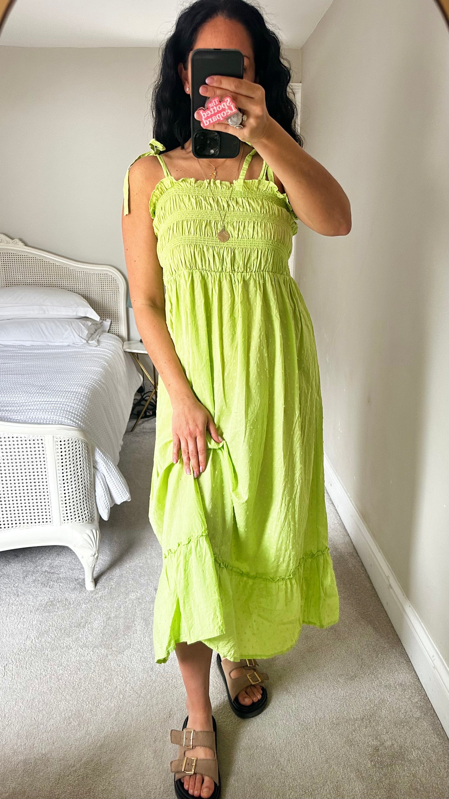 Nobody’s Child light lime green maxi long dress medium UK 14 shirred