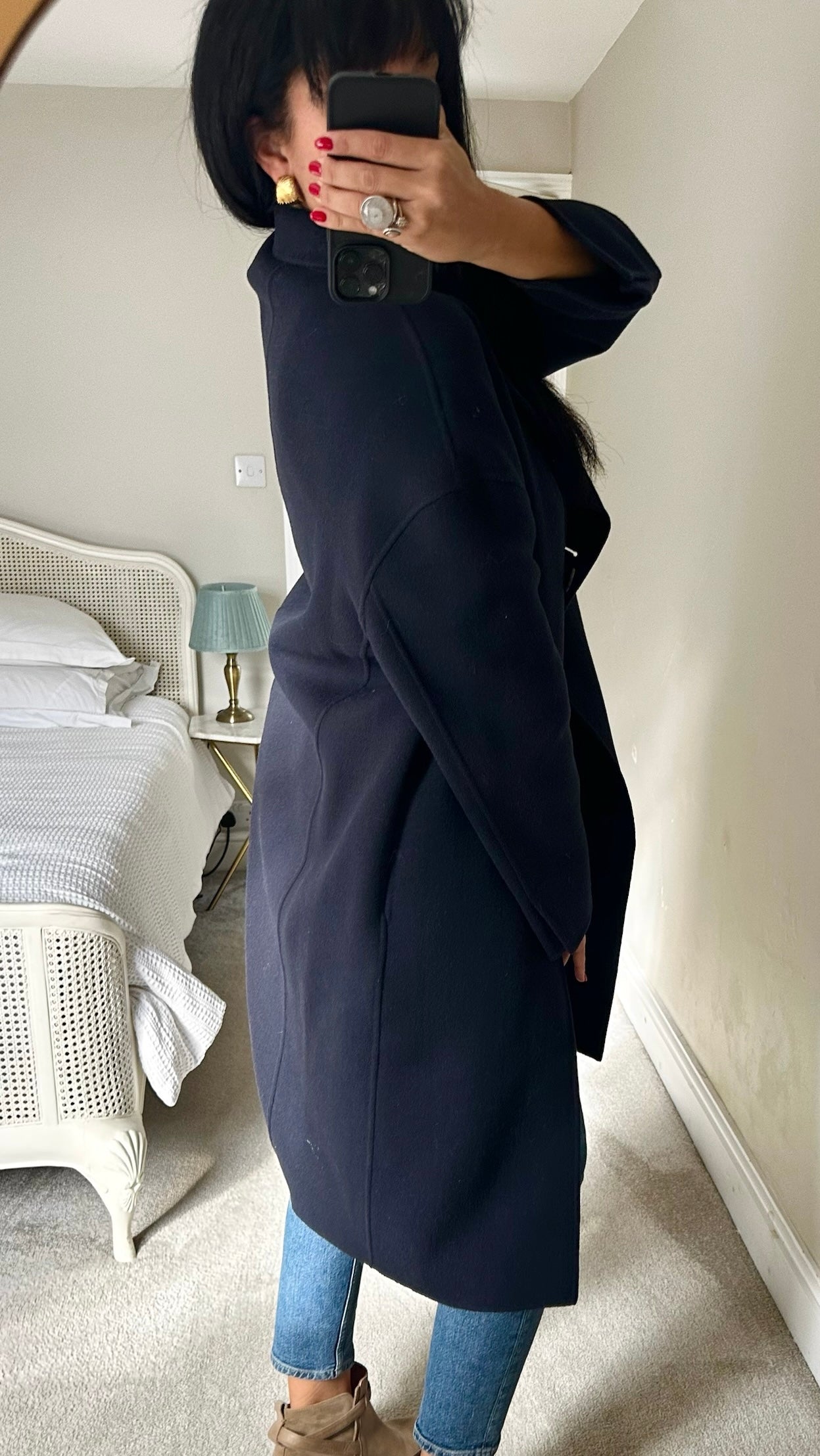 Jaeger navy blue wool blend long line coat extra large UK 14 vgc