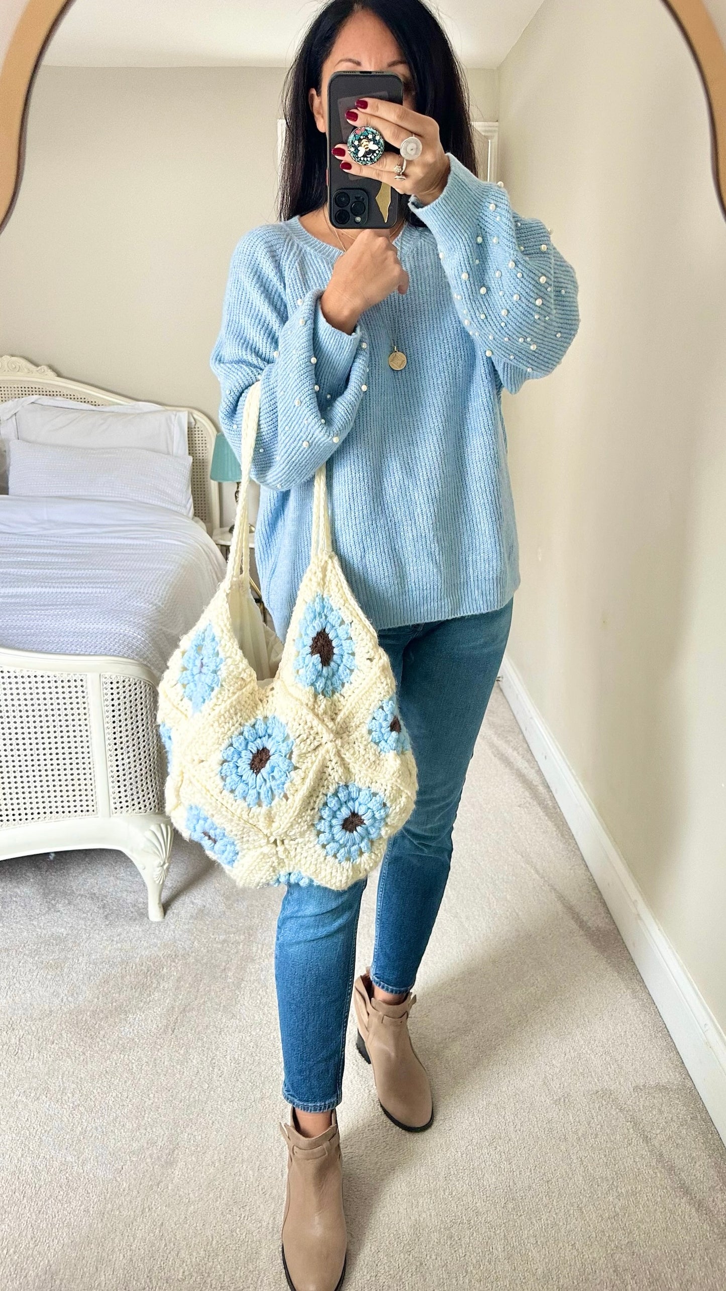 Handmade blue white crochet lined shoulder bag NWOT