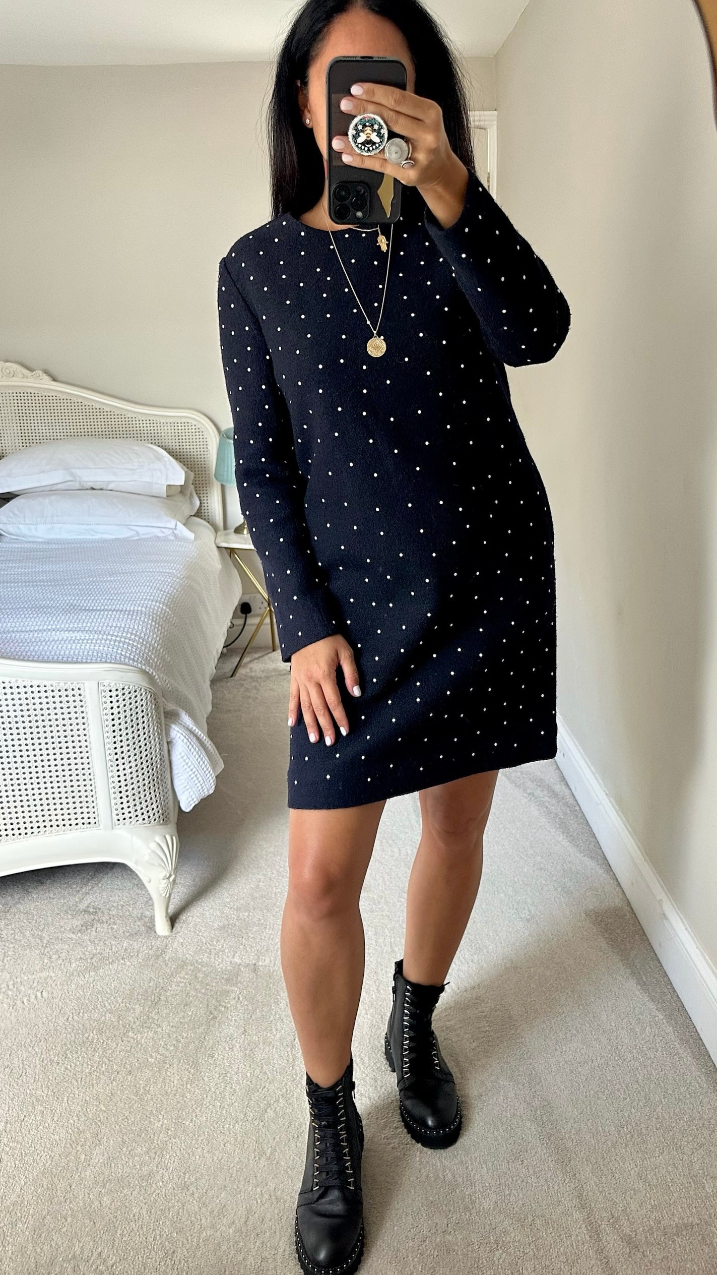 Cos navy blue white polka dot wool blend mini dress large L UK 12 excellent used condition