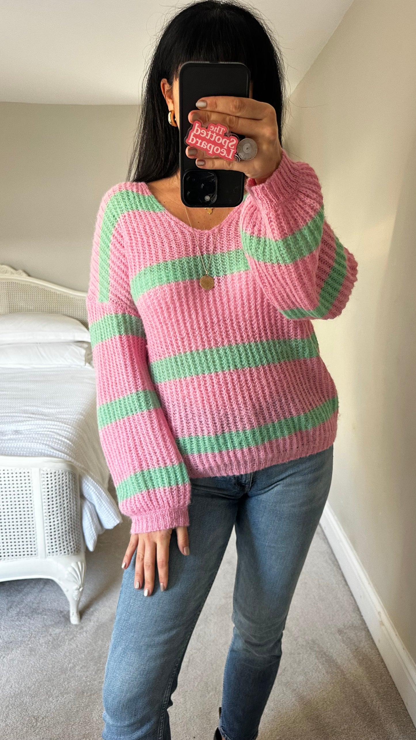 HUSH pink green stripe alpaca blend knitted jumper small UK 8 10 vgc