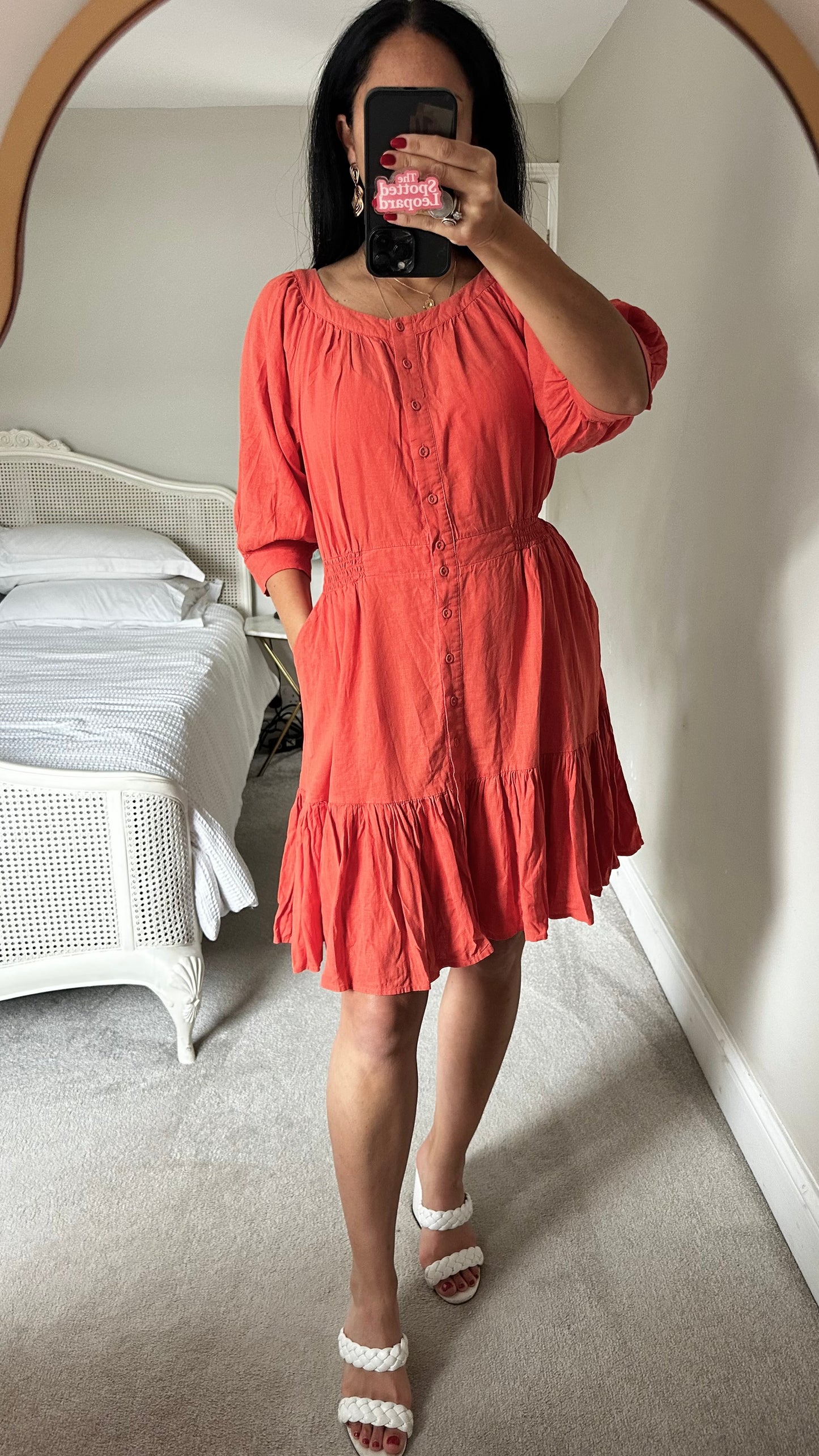 Oliver Bonas coral Orange linen blend button up mini holiday dress small medium UK 10-12 vgc