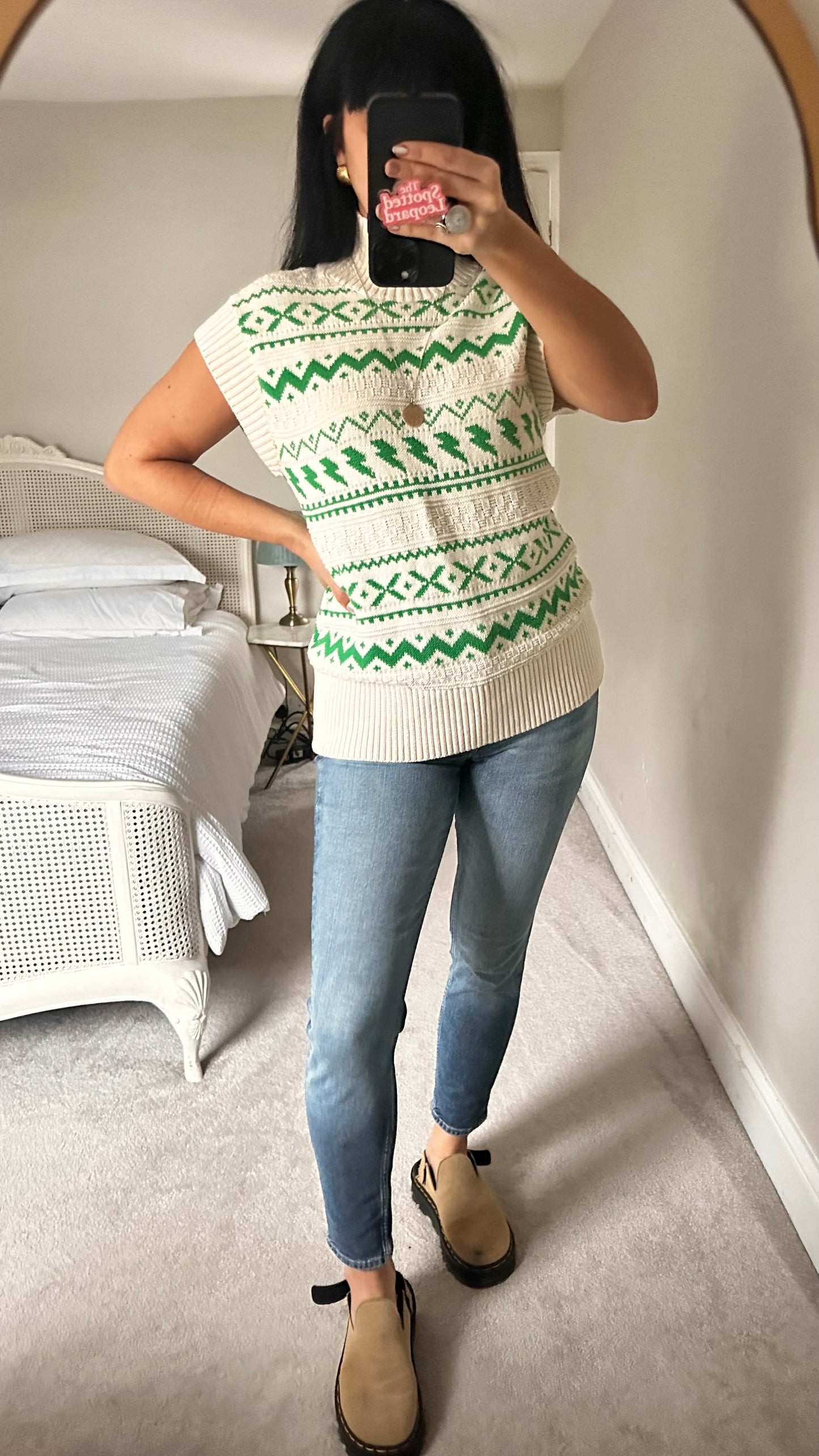 KITRI cream green lightening bold fair-isle knitted jumper tunic top small UK 8-10 vgc