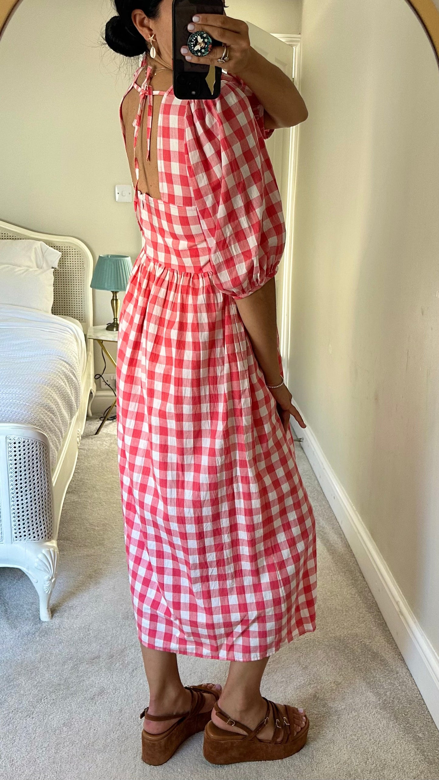 Albaray pink white gingham check midi puff sleeve dress medium UK 10 long vgc