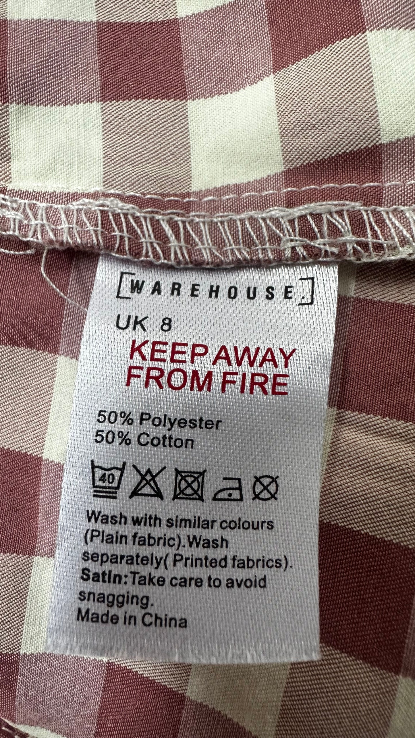 Warehouse burgundy beige gingham check midi long dress small UK 8 vgc