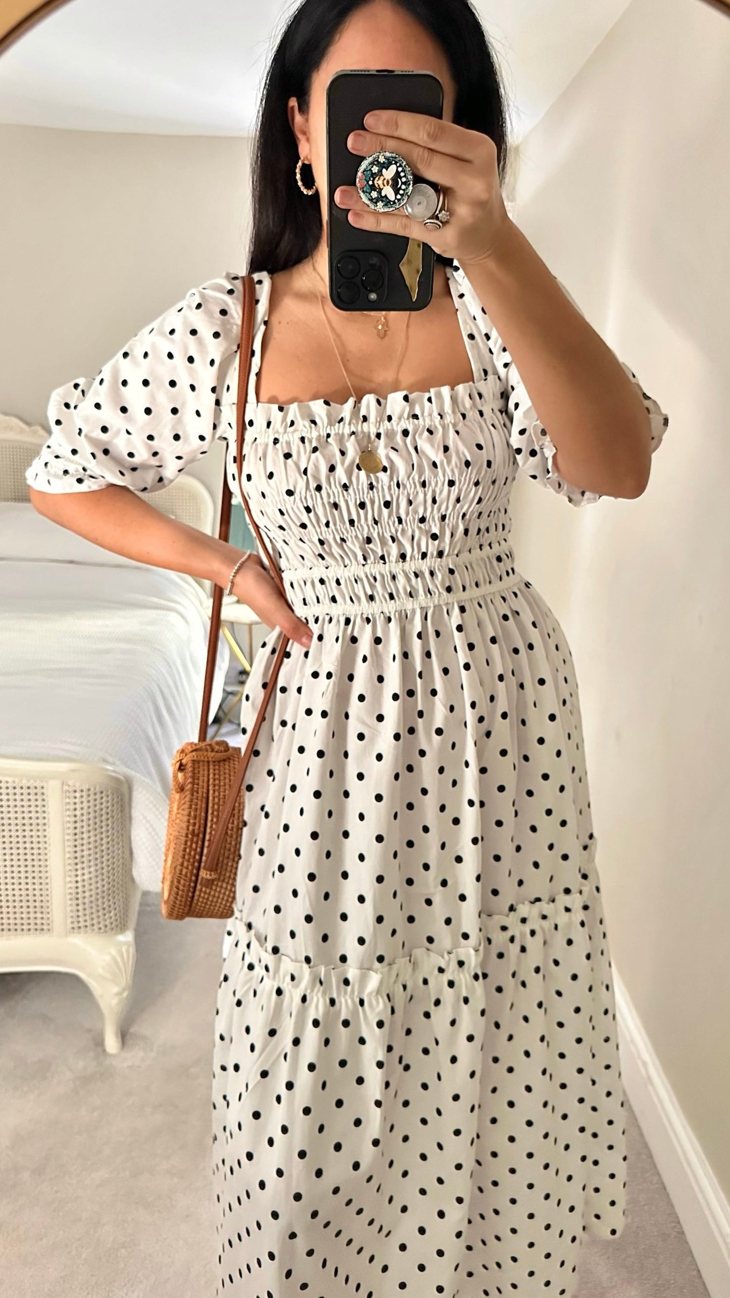 Topshop black white polka dot shirred bust midi sun dress small UK 8