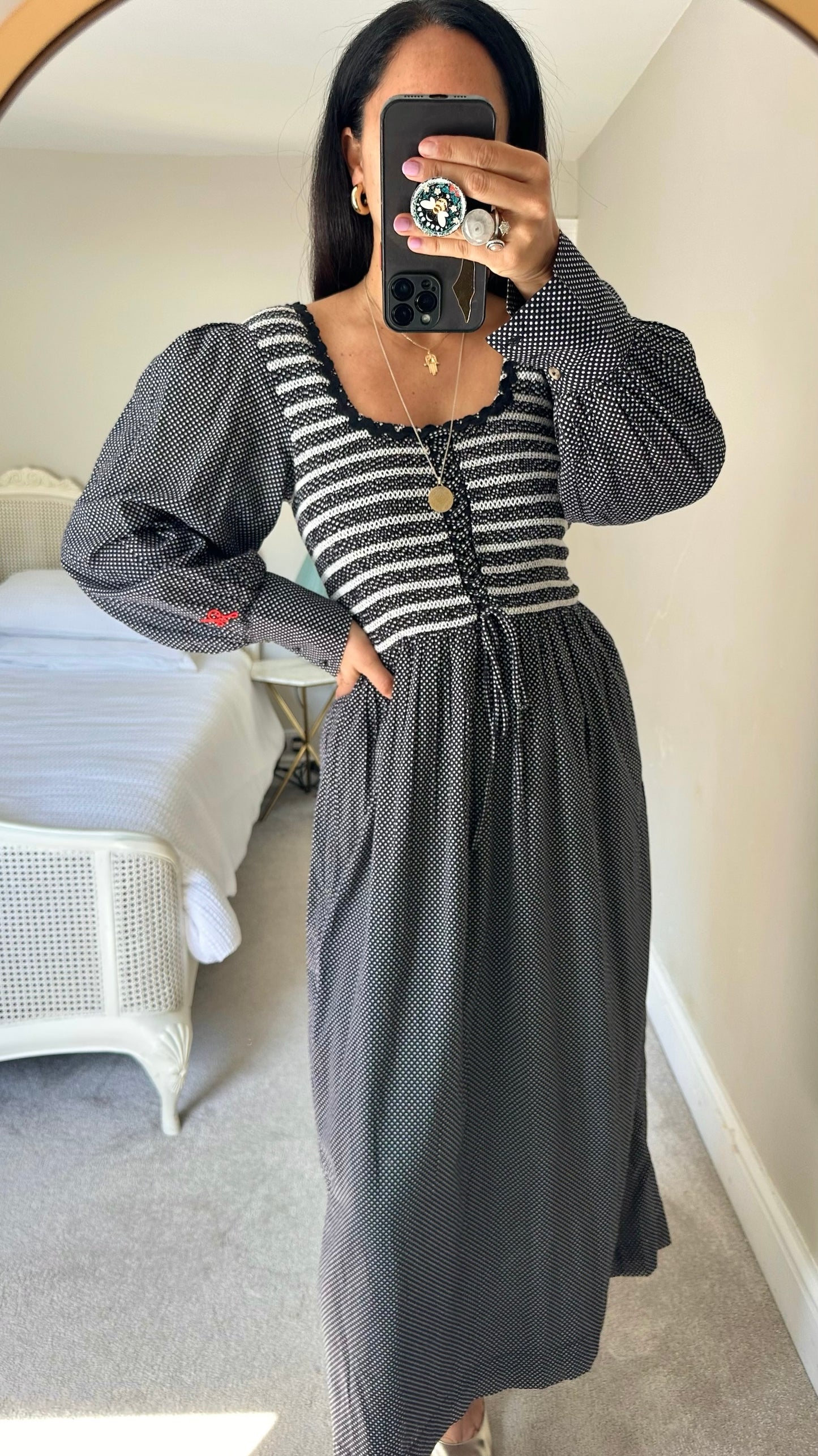 Damson Madder black white polka dot shirred bust vintage style maxi dress large L UK 12 vgc