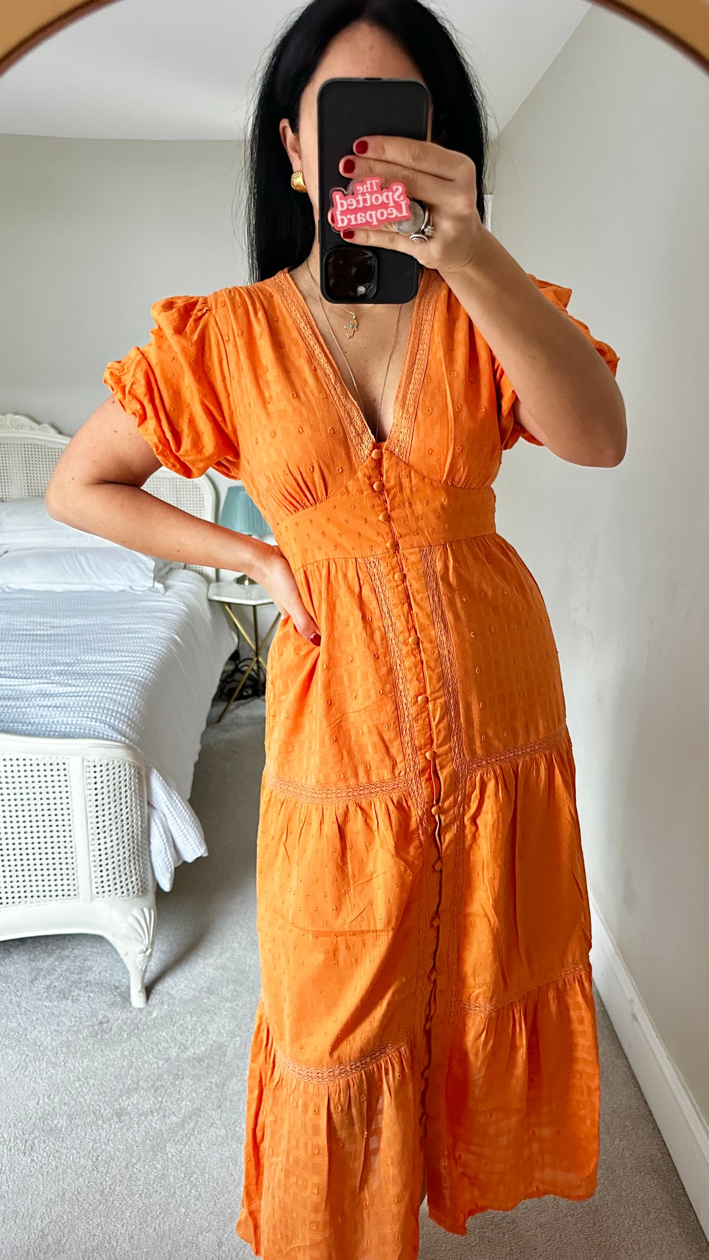 Nobody’s Child bright orange button up midi long dress holiday medium UK 14 vgc organic cotton
