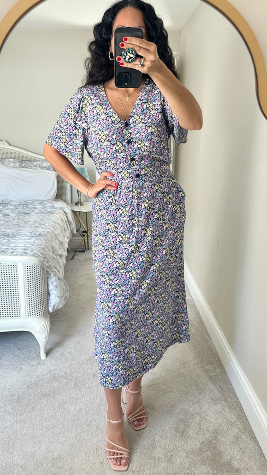 & other stories lilac floral blue midi button up dress midi UK 12 14 vg