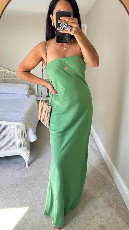 Anthropologie light green linen blend bandeau strapless maxi dress holiday event large L UK 12-14 BNWT