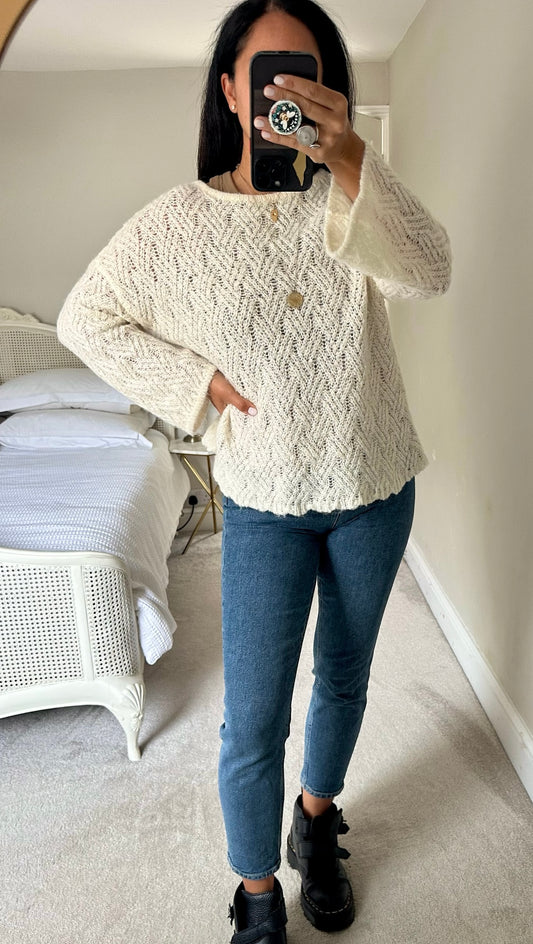 Numph @ Anthropologie white cream crochet knitted jumper medium UK 10 vgc w25
