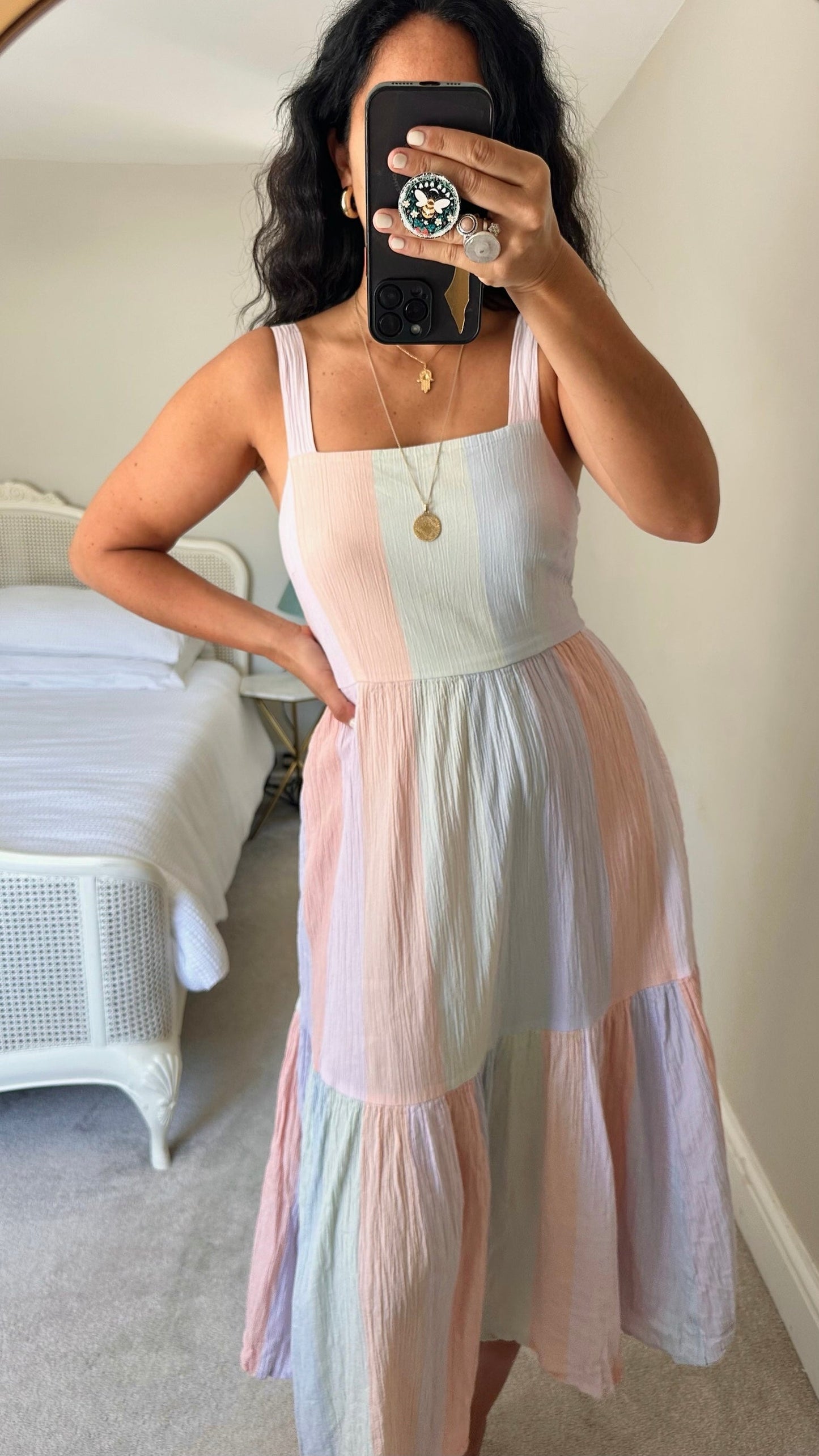 HUSH lilac rainbow green orange pink crinkle stripe plissé tie back backless holiday dress medium UK 12 new bnwt